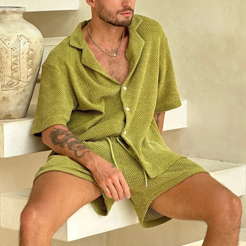 Summer Solid Breathable Knitted Set Men Casual Button Lapel Shirt Top and Drawstring Shorts Suit Spring Loose Mens Home Outfits 250305