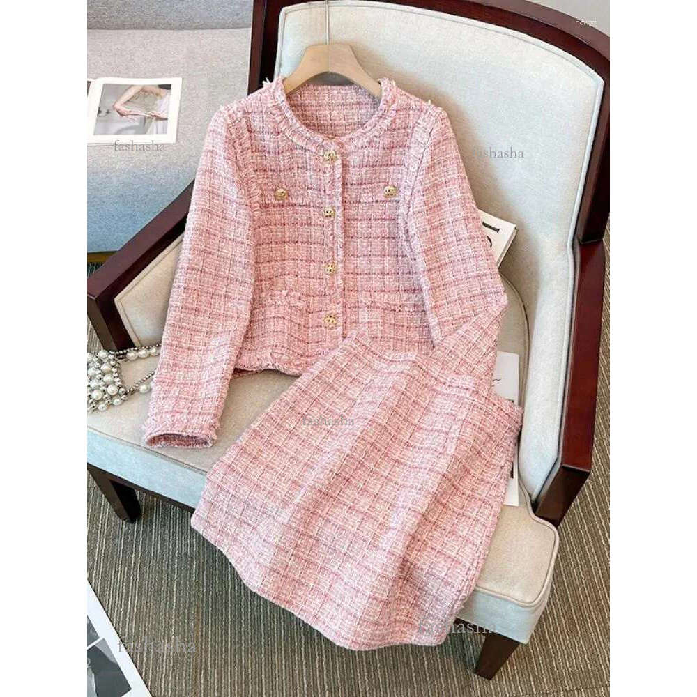 Robes de travail automne hiver petit parfum rose tweed en deux pièces set femmes simples poche à piste courte manteau veste à plaid mini jupe