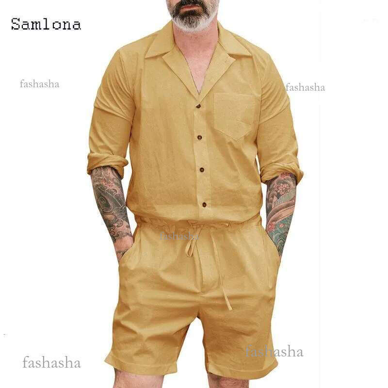Cotton Blends Jumpsuit Mens Casual Thin Long Sleeve Rompers Solid Color Overall Single Breasted Romper Pocket Shorts Or Tro