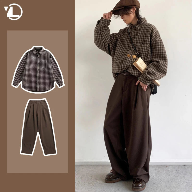 Japanese Harajuku Mens Set Checkered Pockets Fashion ShirtTrendy Straight Leg Trousers 2pcs Spring College Casual Suit 250305