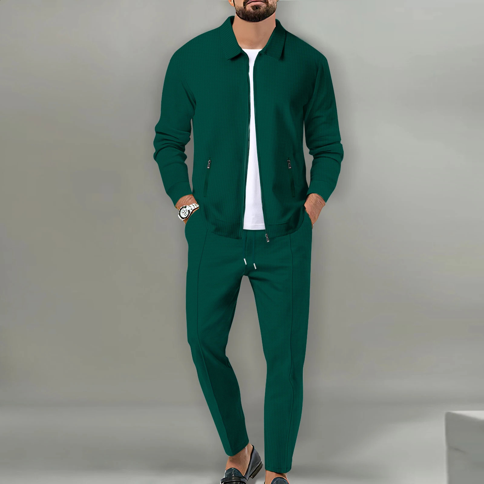 Youth solid color zipper pocket lapel slim cardigan mens jacket long sleeve trousers twopiece suit 250305