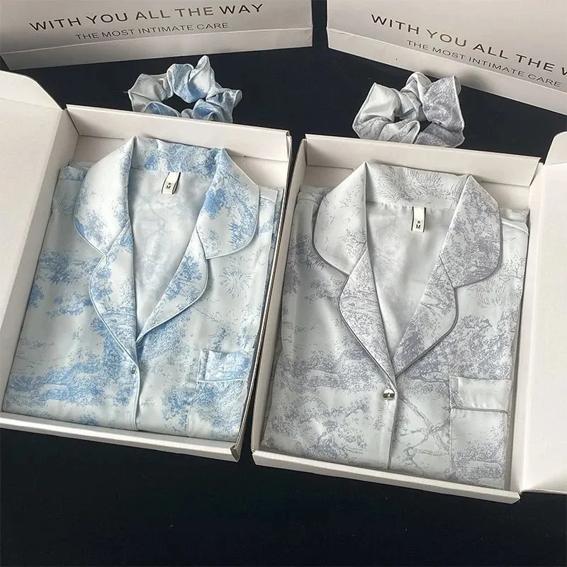 Women Pajamas Spring Summerautumn And Silk Home nightwear Clothing Lapel Button Cardigan 2 Piece Set High End Printed Womens Sleepwear