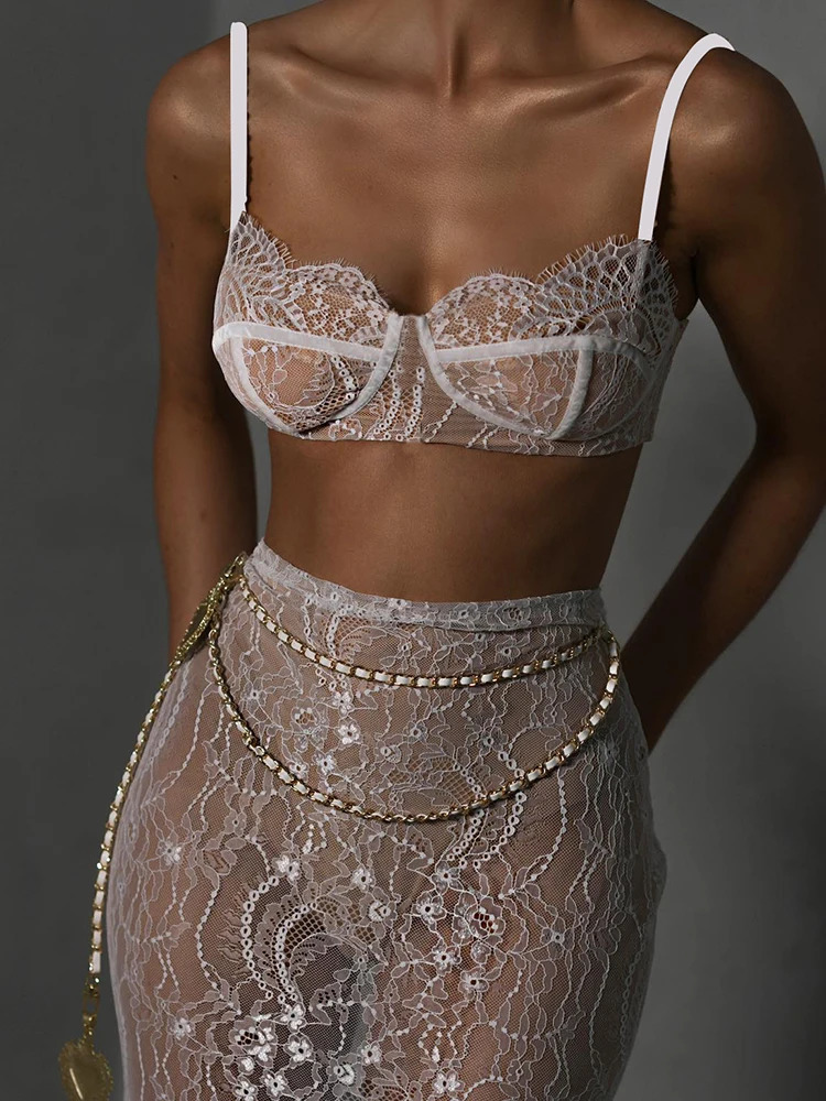 Articat Sexy Lace Metal Zipper Two Piece Womens Tight Fit Bikini Top Elegant And Transparent Maxi Female Skirt Beach Party Suit 250304