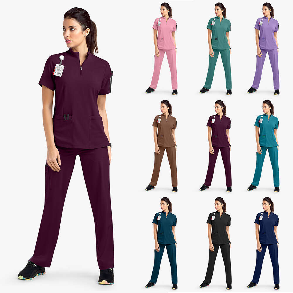 Summer Casual Stand Up Collar Zipper Short Sleeved Surgical Beauty Salon Nursing Gown Hospital Nurse High Elasticity Washable Solid Temperament New