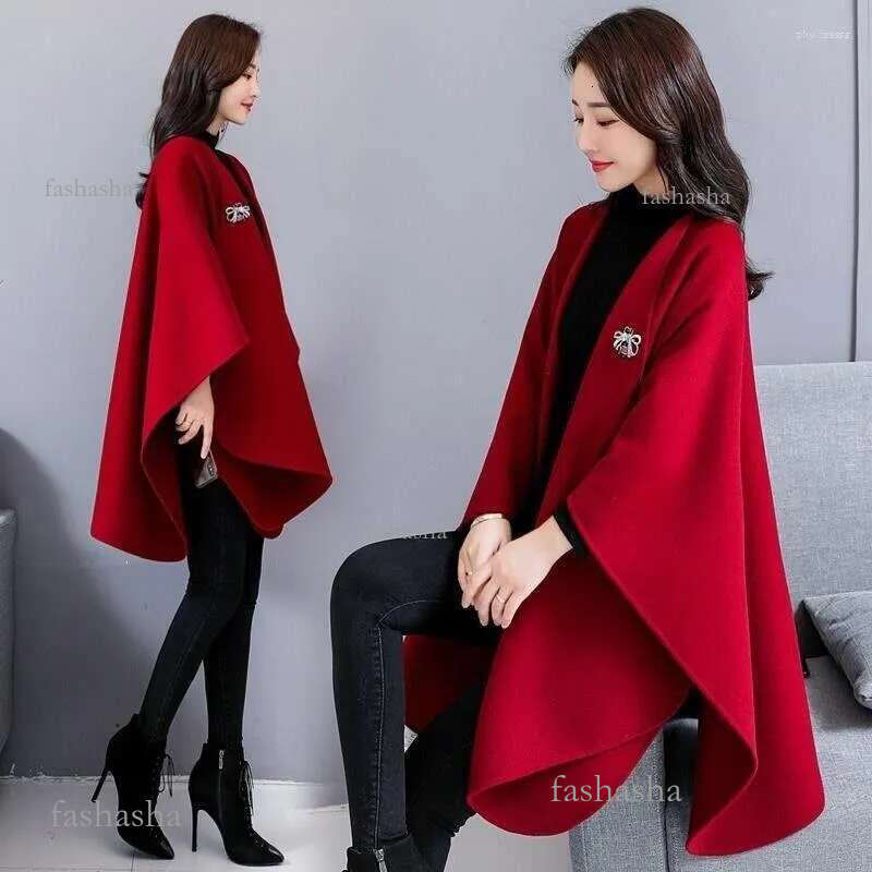 Womens Wool Blends Autumn And Winter Cape Woolen Coat Knitted Red Tide Shawl Womens Long Jacket Women Ph