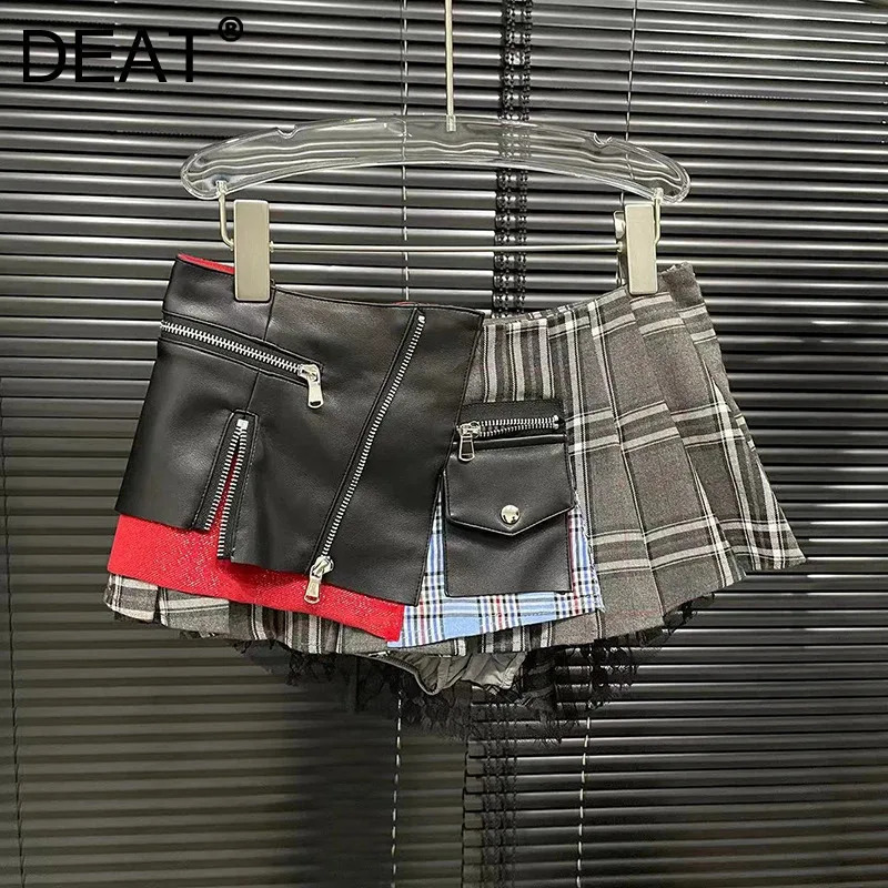 DEAT Summer Patchwork Plaid Irregular Pleated Mini Skirt For Women Zipper Pockets Lace n Skirts Female 29L7565 250305