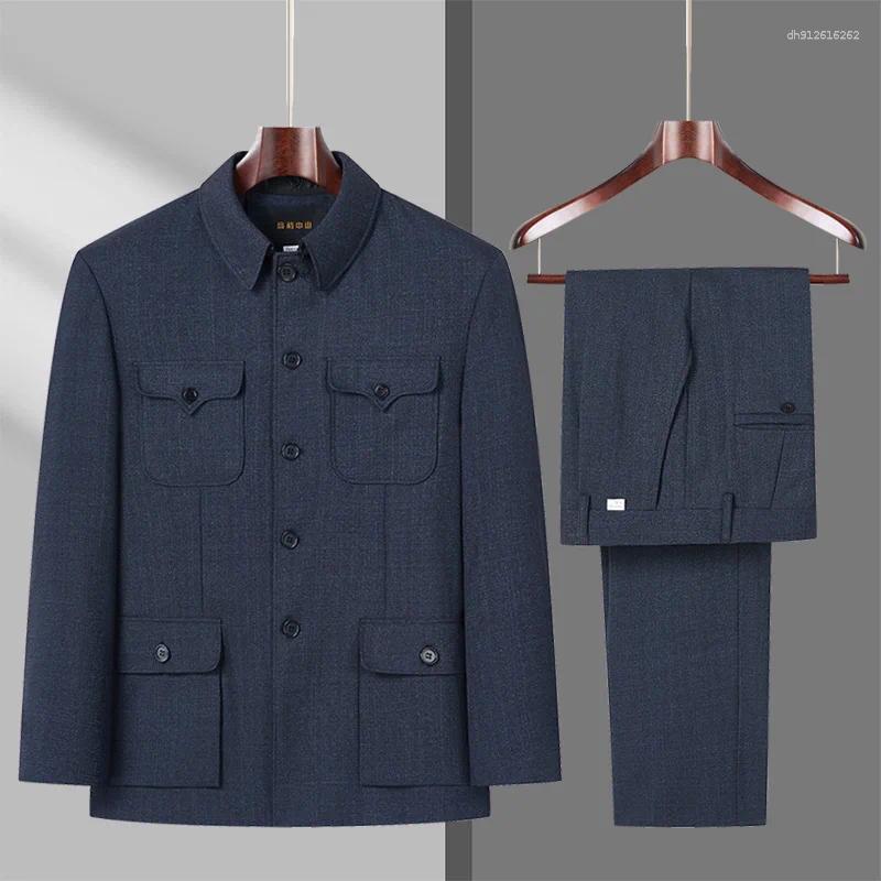 Costumes pour hommes Hommes Sun Yat-sen Costume Gris Zhongshan Twinset Traditionnel Chinois Deux Pièces Ensemble Mao Tunique Manteau Et Pantalon