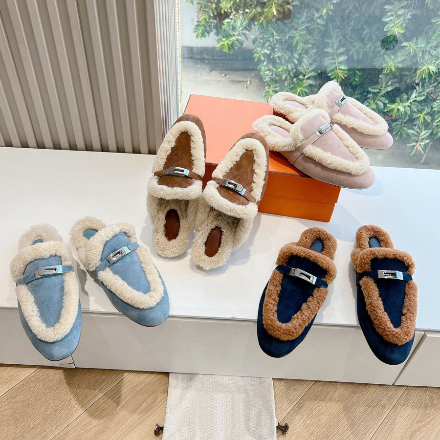 Winter Fur Slide Mules Slipper Women Leather Suede Buckle Round Toes Furry Fluffy Sandals Clogs Warm Wool Loafers Designer Slides For Womens Outdoor