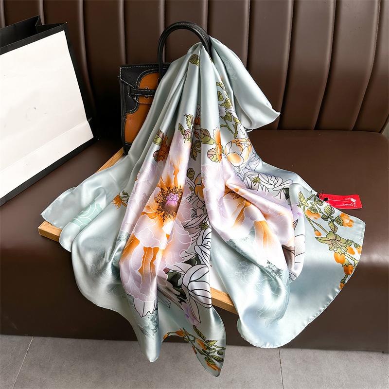 for Women Long 180x90cm Lightweight Chiffon Silk Like Stripe Flower Print Wrap Sunscreen Thin Gauze Beach Scarf
