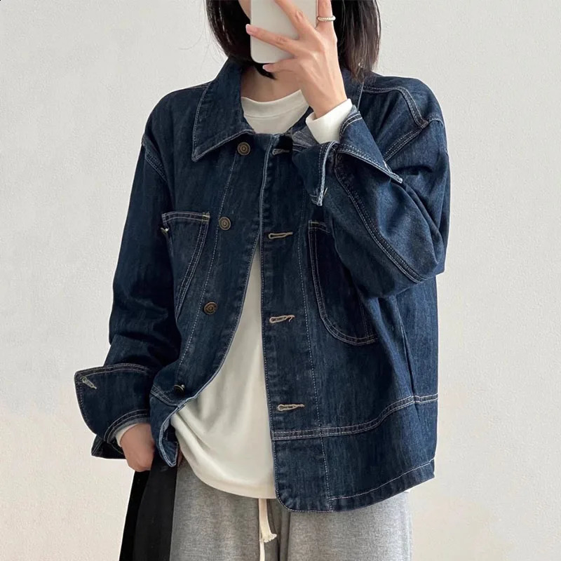 Vintage Denim Coat for Women Long Sleeve Lapel Button Jean Jackets Monochromatic Female Fashion Spring Autumn 2023 250305Z