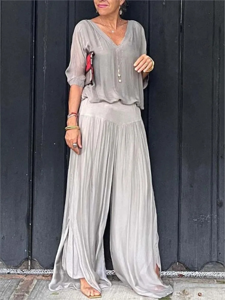 Womens Sexy V-neck Short Sleeved Top And Wide Leg Pants Sets Summer Chiffon Casual Outfits Casual Loose Street Two Piece Sets 250228