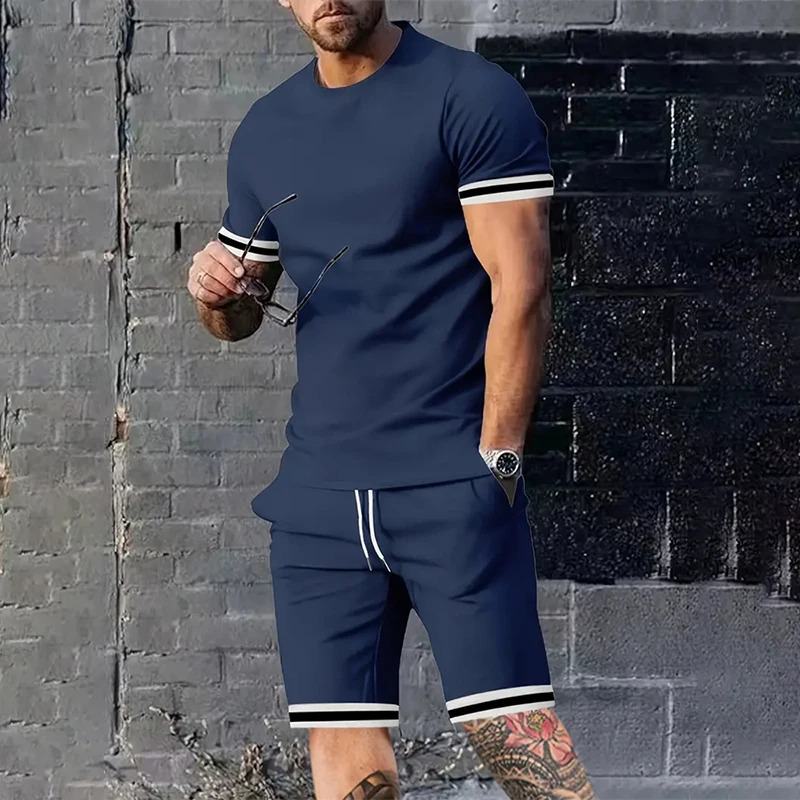 Fashion Summer Gentleman Movement Set Leader Mouth Striped Printed Casual Suit Breathable And Absorbent Loose Mens Tracksuit 250305