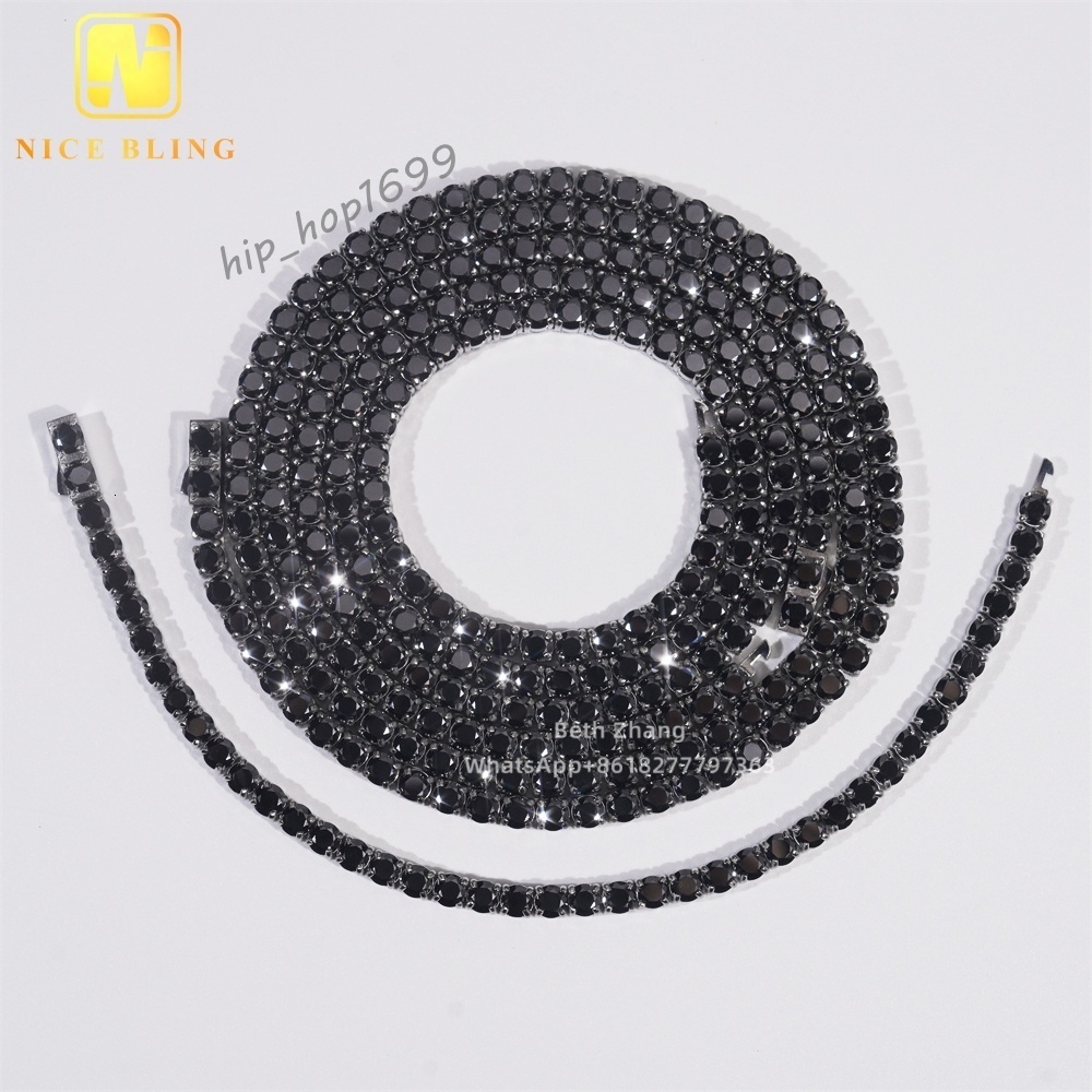 Pass Diamond Tester Black Moissanite Tennis Chains White Gold Plated Hip Hop 316L Stainless Steel Tennis Necklace Bracelet