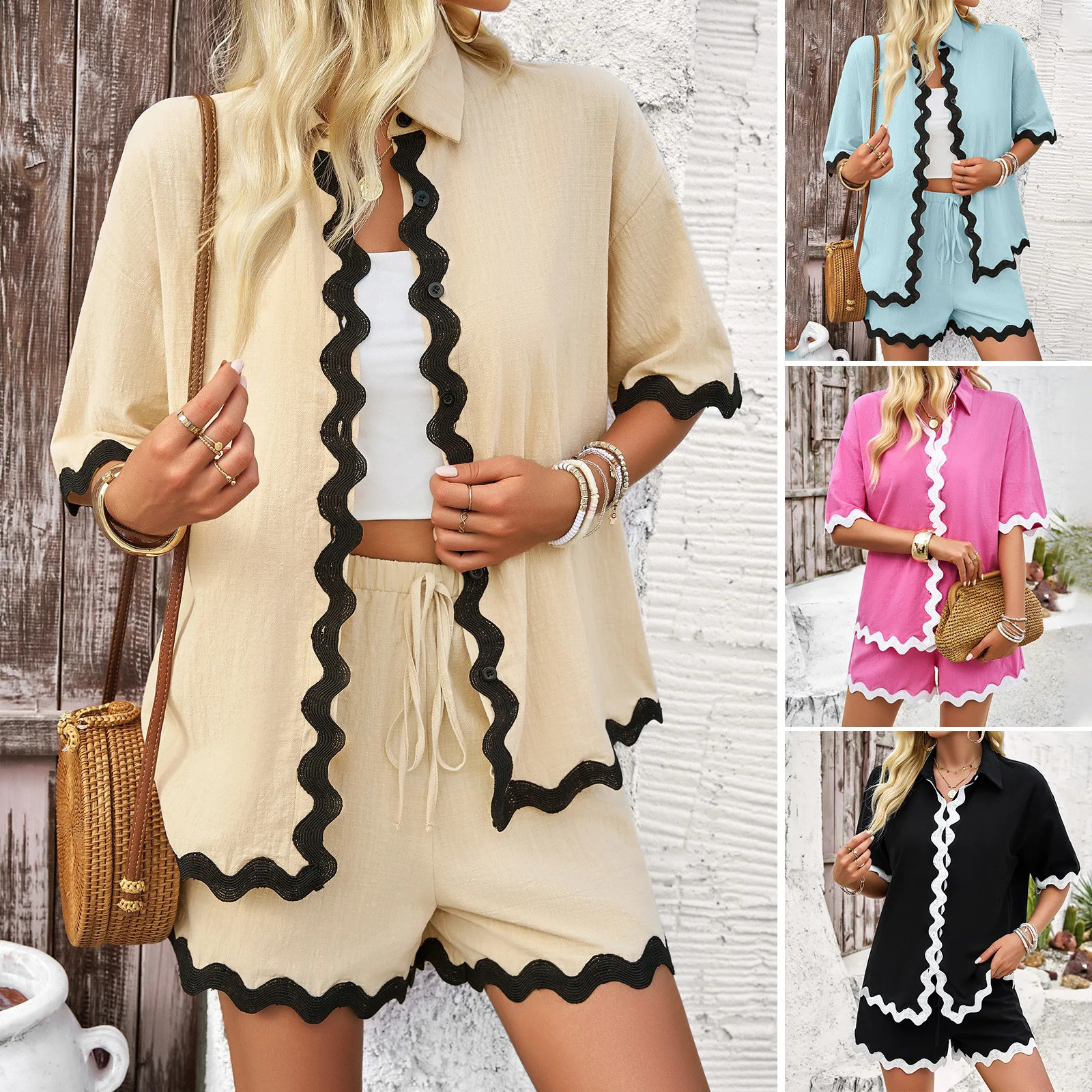 Elegant Womens Two-piece Spring And Summer Fashion Casual Vacation Style Solid Color Lace Shirt And Shorts Suit 250228