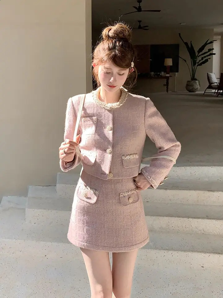 Rose Maiden Pink Purple Chic Style Short Jacket Skirt Two Piece Set for Women Spring and Autumn High Quality 250228