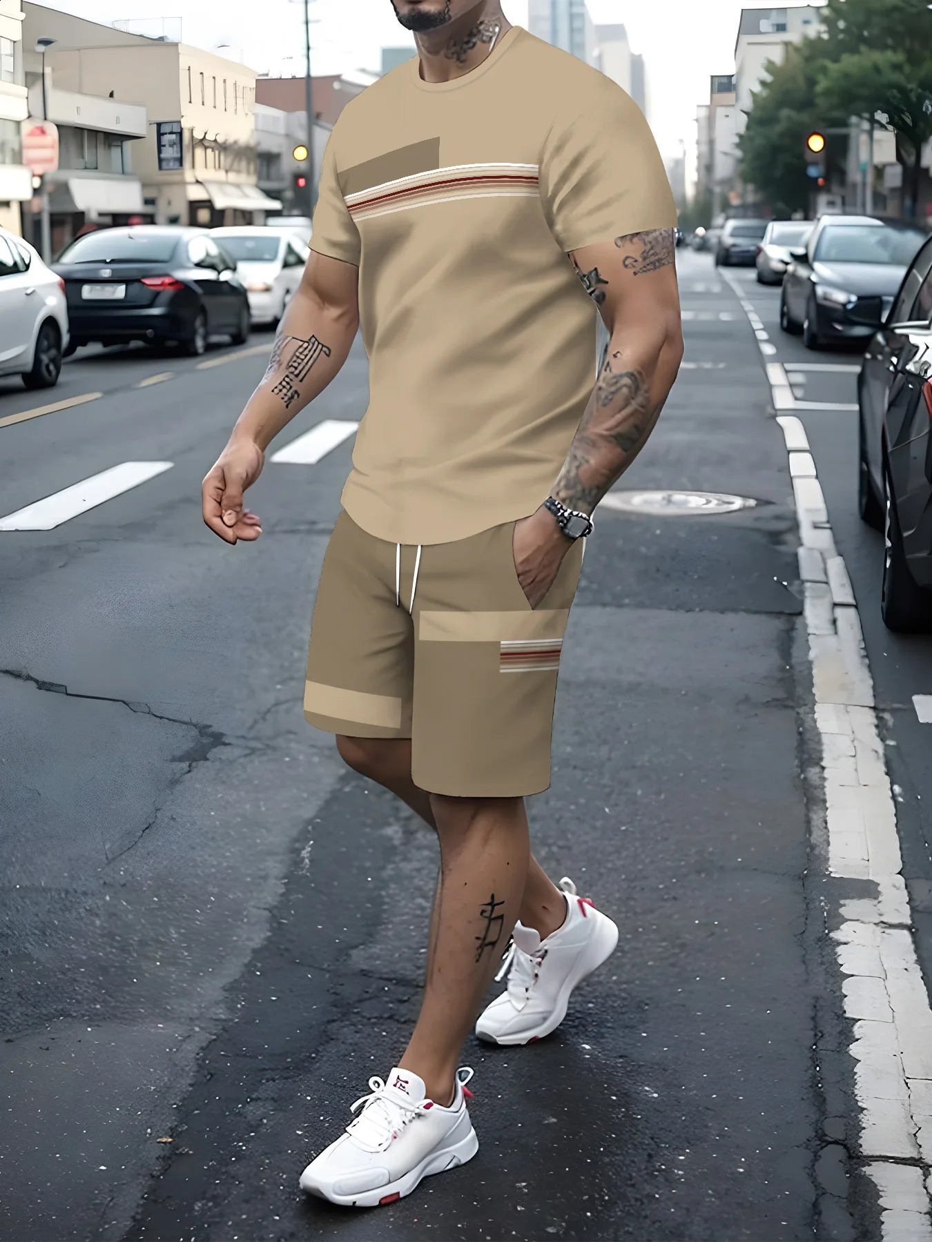 3D printed mens sportswear fitness set running casual Tshirtshorts breathable striped 250305
