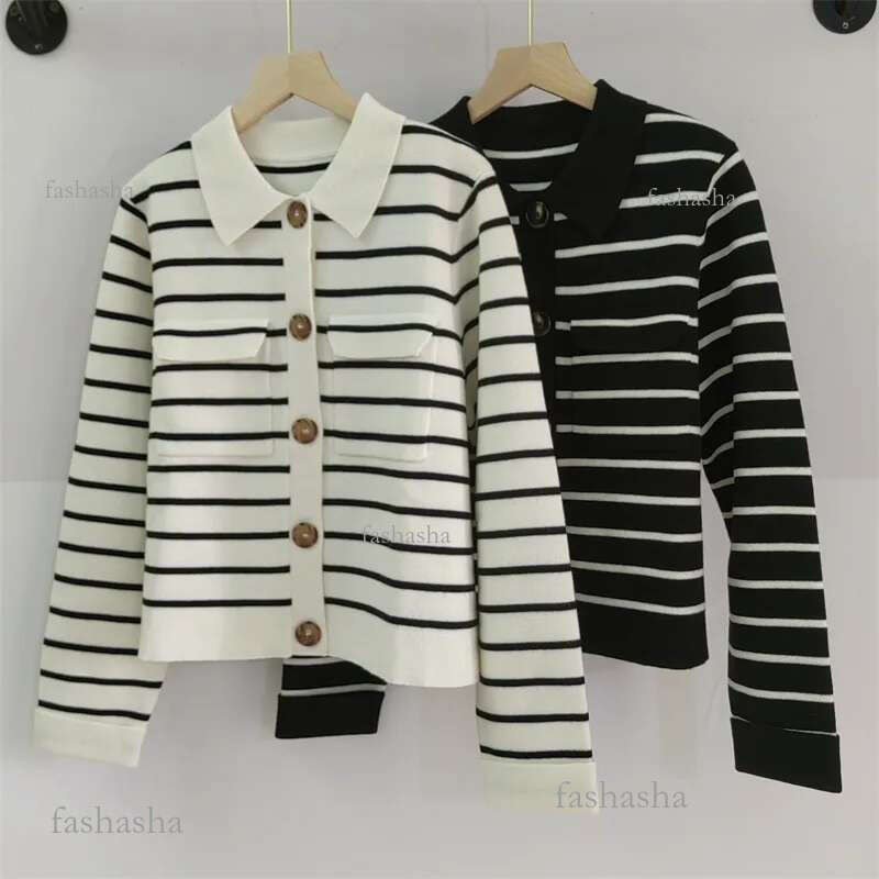 601 2024 Runway Spring Summer Brand Same Style Sweater Long Sleeve Lapel Neck Black White Cardigan Fashion Womens Clothes High Quality Womens