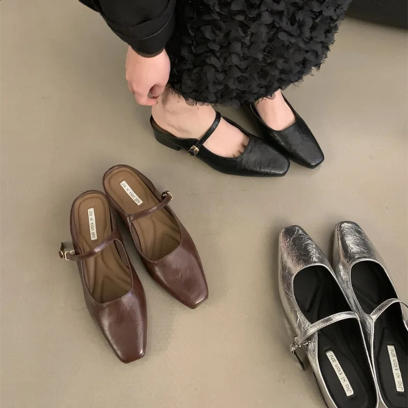 Women Silver Mary Jane Half Slippers Pointed Toe Sandals 2025 Flip Flops Summer Casual Dress Mules Flats Shoes Slides 250305