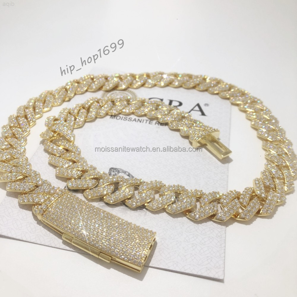 Custom Hip Hop Jewelry Moussaint Cuban Necklace S925 Sterling Silver Plated 14k Gold Full Set Moussaint Diamond Cuban Chain