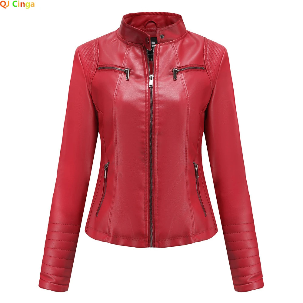 Womens Bright Red Vneck Leather Jacket Fashion Slim PU Coat Black Short Outerwear Asia Size XS S M L XL XXL 250226Z