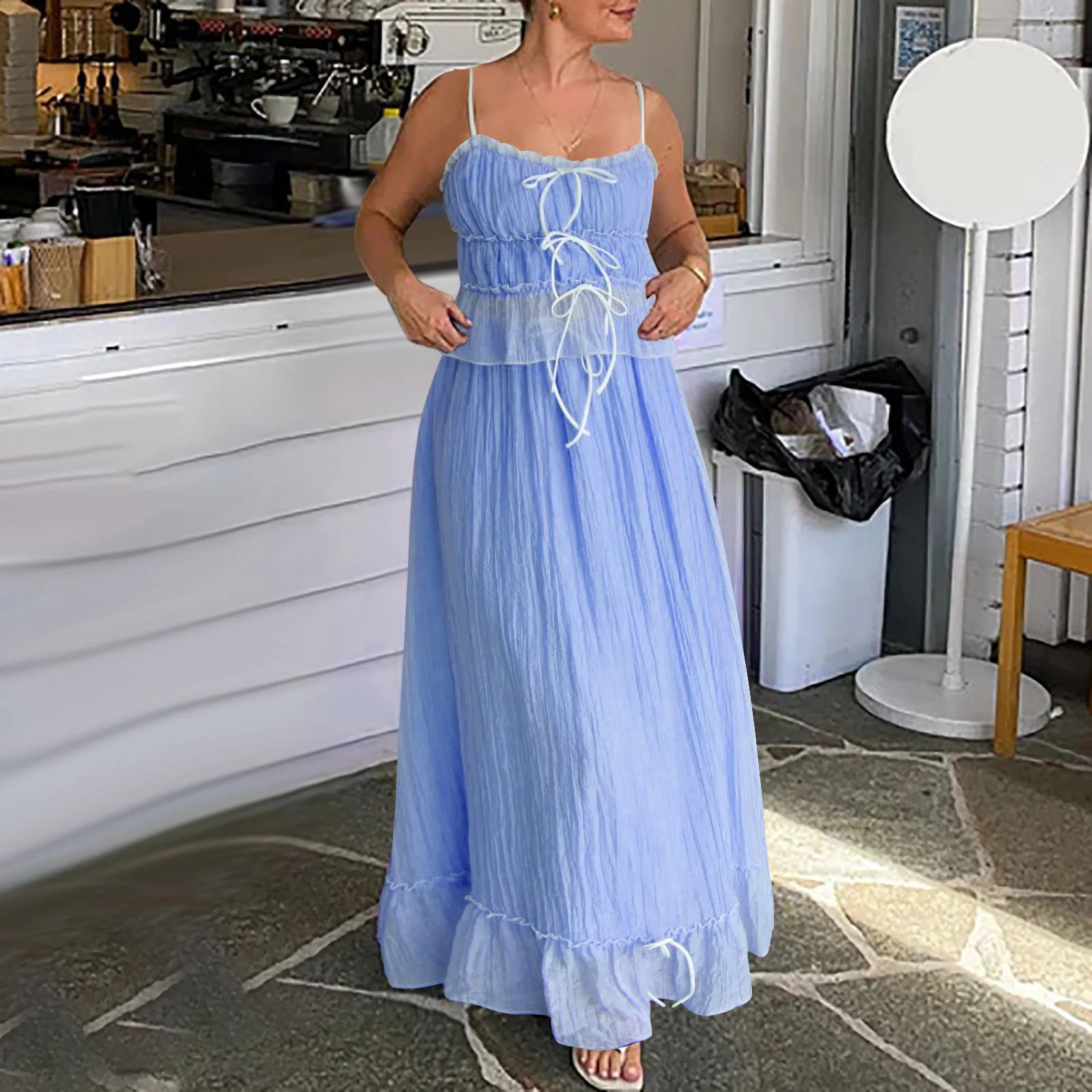 Womens 2 Piece Ruffle Long Skirt Set Y2k Front Tie Up Tank Top And Flowy Ruffle Long Skirts Spring Summer Vacation Beach Outfits 250228