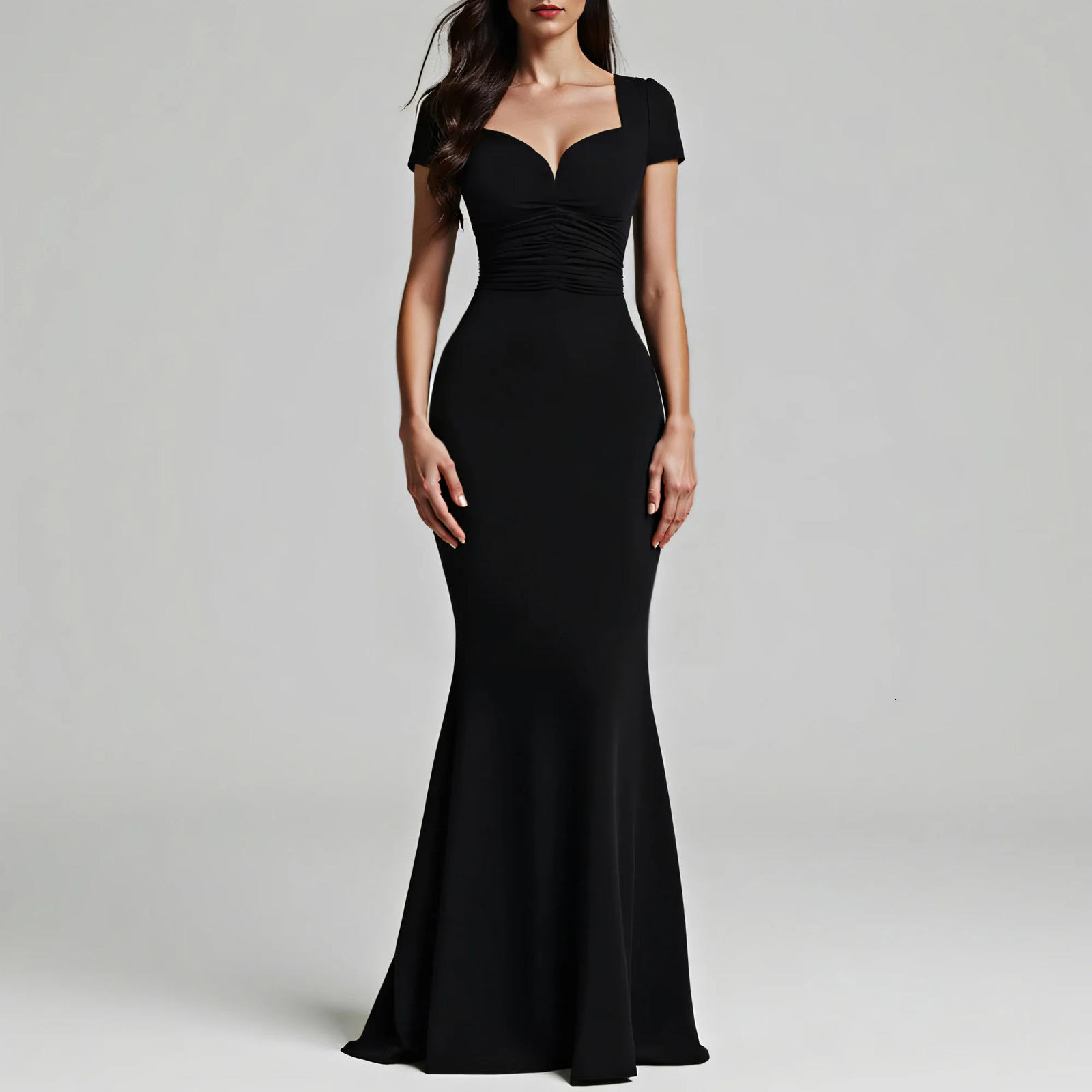 Mia Muse Womens Four Seasons Party Elegant Solid Color Short Sleeve Pendant Neck Maxi Trumpet Anniversary Dress 250306Z