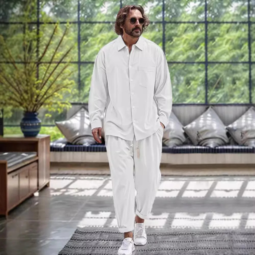Mens Cotton Linen Shirt Two Sets Lapel Leisure Pocket Urban Fashion Loose LongSleeved Trousers Quality Clothing 250814