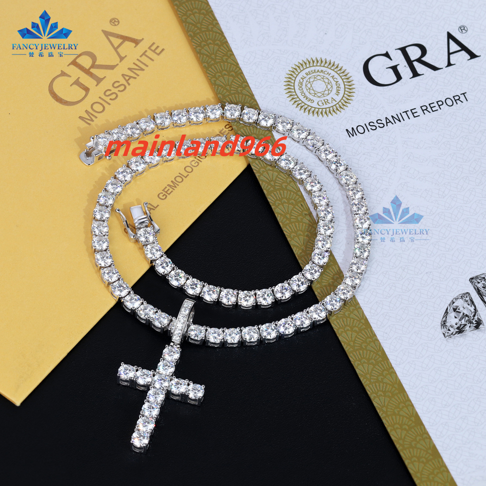 Wholesale 5.0mm VVS Moissanite Diamond Cross Pendant with chain 925 Sterling Silver Gold Plated Fine Jewelry Charm Iced GRA