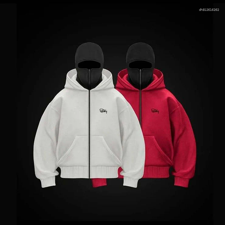 Men's Hoodies Hip Hop Zipper Hoodie Embroidery Jacket Double Hat Balaclava Men Women Winter Warm Sweatshirt Hooded Face Mask Zip Up
