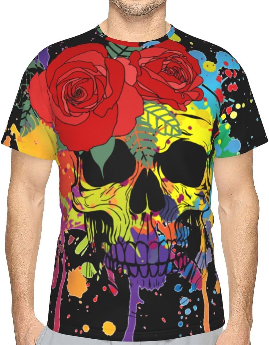 Mens T shirt Unisex Cool Novelty Rose Skull Print 3D Patterned T-Shirts Funny Colorful Paint Splatter Doodle Graphic Short Sleeves tee Casual tops s