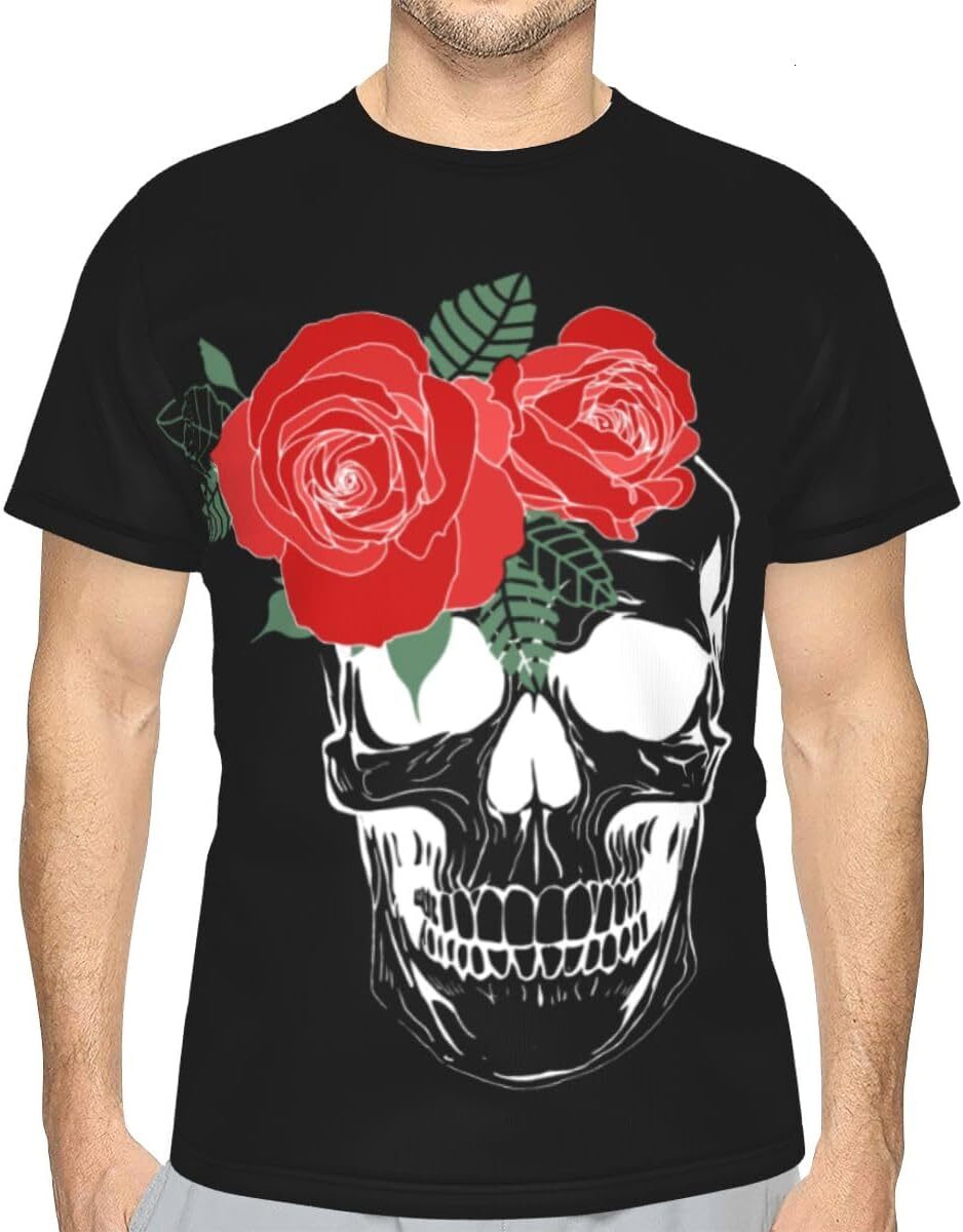 Mens T shirt Unisex Rose Skull Print 3D Patterned T-Shirts Cool Novelty Funny Colorful Skull Flower Graphic Summer Short Sleeves tee Casual tops sum