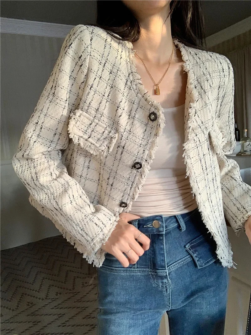 Autum2023 elegant retro tweed style tailored jacket with cardigan and top fashion womens long sleeved 250225