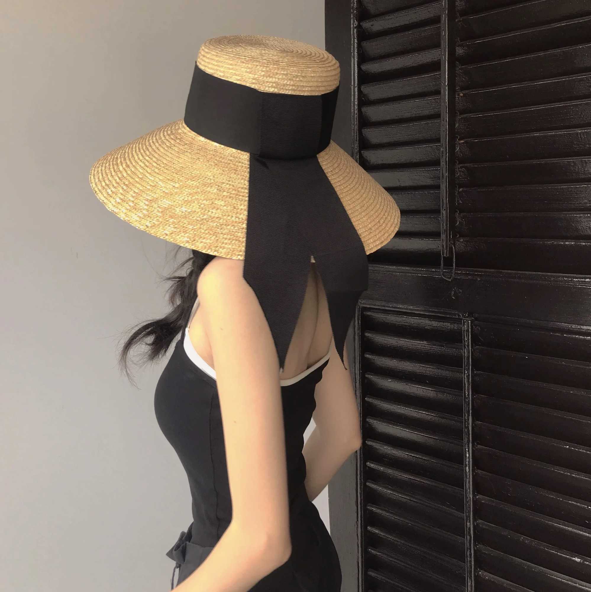 2025 Summer Seaside Big Brim Straw Hat Womens Vacation Beach Sun Hats Bow Ribbon Wide Brim Wheat Straw Flat Top Boater Hat W250307