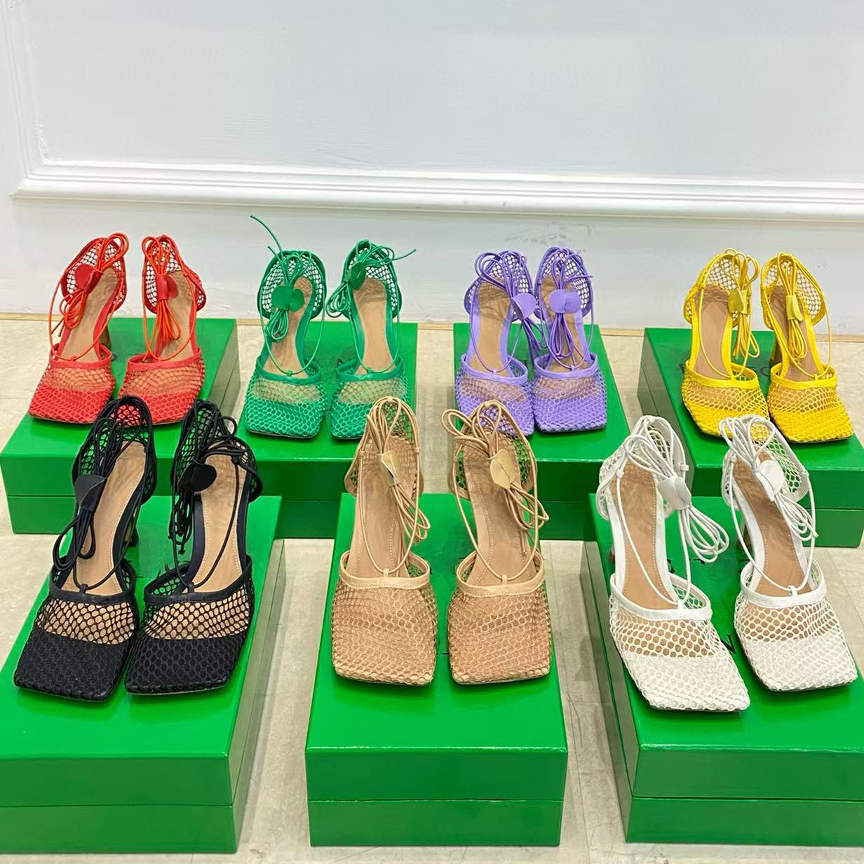 Women Designer Heels Lace-up Leather-trimmed Mesh Pumps Stretch Sandal Luxury shoes Sizes 35-42 Genuine leather sole Top quality summer Outdoor Recr