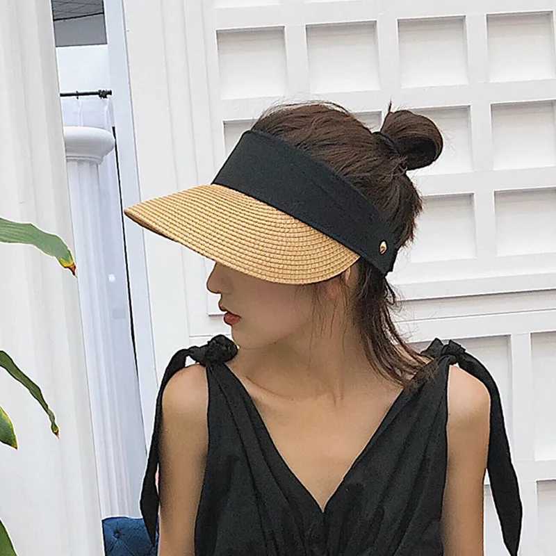 Summer Wear Woven Straw Hats Women Breathable Empty Top Casual Beach Visor Caps Wide Large Brim Hat Adjustable Foldable Sun Caps W250307