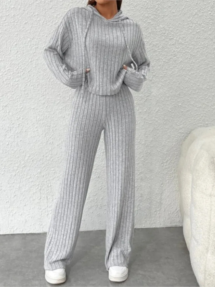 Spring Autumn Womens Solid Color Casual Knitted Striped Hooded Sweatshirt Loose Long Sleeved Long Pants Two-piece Set250304