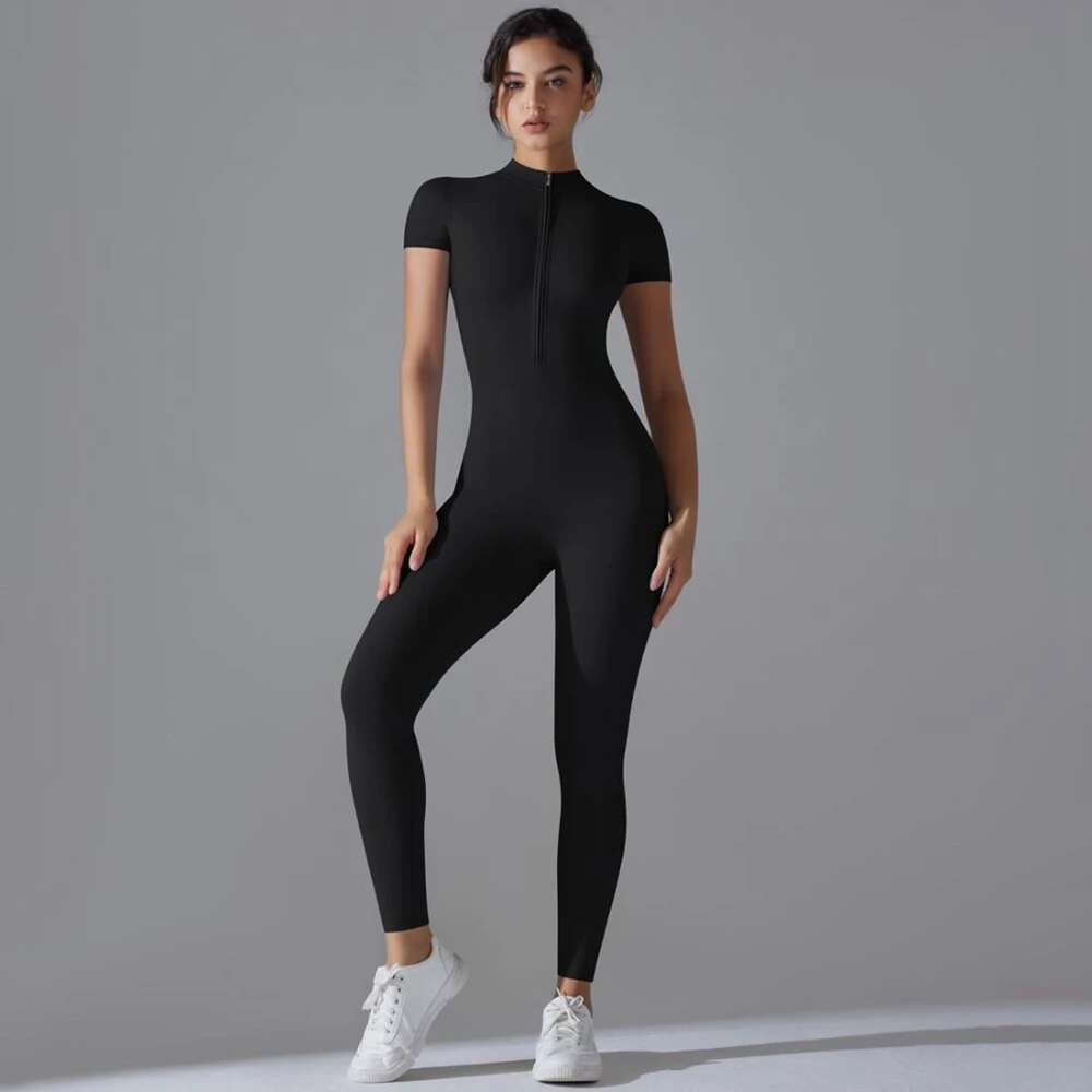 Womens Jumpsuits Short Sleeve Yoga Slim Fit Stretch One Piece Romper Sexy Fiess Female Basic Sportwears Black Zipper Ladies