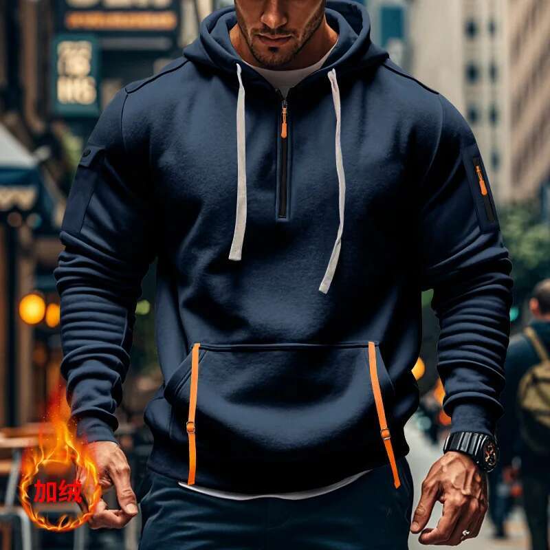 Fall Winter Men Casual Hooded Sweater Multi-Zipper Arm Pocket Sweatshirt Pullover Plus Size Fleece-Ed Men's Clothing