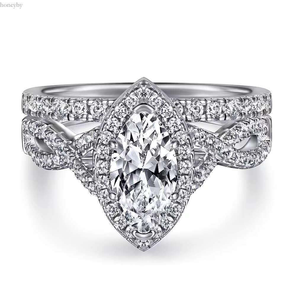 High Quality Vvs 1 D Color 1ct Marquise Cut Moissanite Dia Jewelry Sterg Sier Women Fashion Ring Set