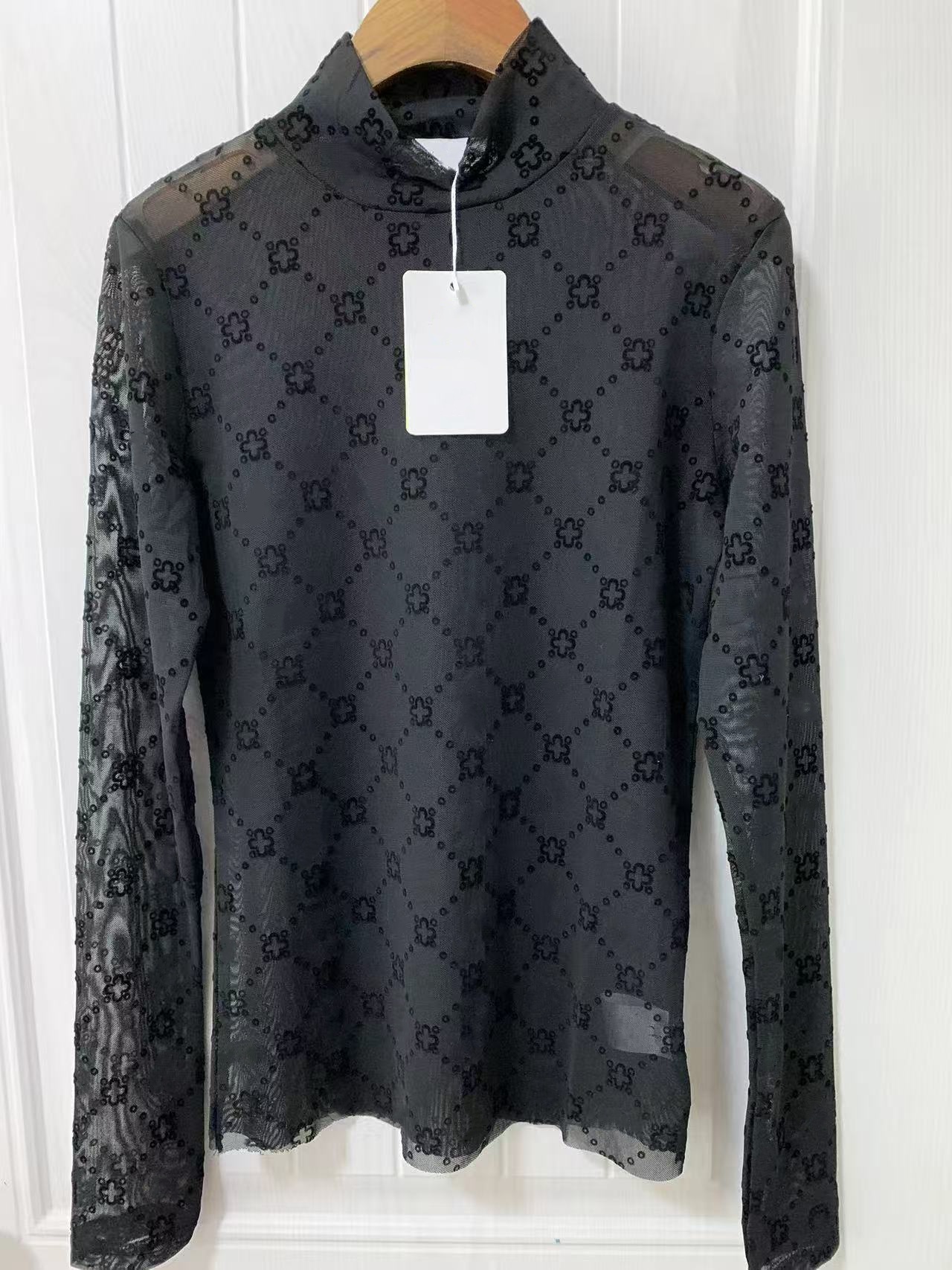 Designer Womens Moonogram Mesh Flock High Neck Top Leggings Bottoms Jumpsuits shirts tee casual t-shirt Long Sleeve tees outwear tops Rompers 2 P-image-975839988