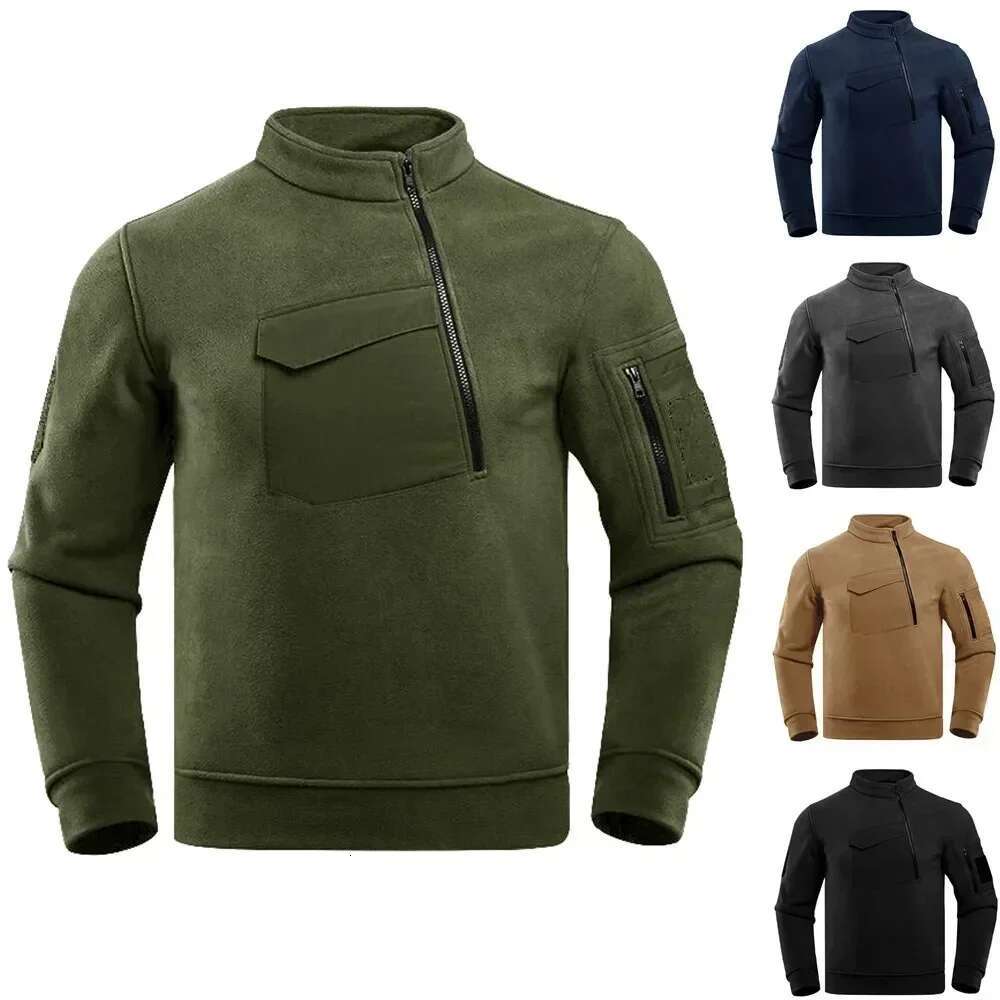 Mens Winter Tactical Fleece Hoodies Thickened Warm Military Hooded Tops Half Zipper Stand Neck Sweatshirt Outdoor Hiking Jackets