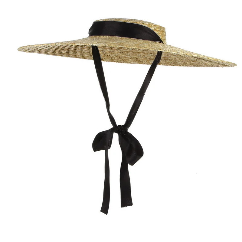 Summer Big Natural Straw Hats For Women Handmand Wide Brim Beach Visor Caps Elegant Flat Top Long Ribbon Lace-Up Sun Hat 250306