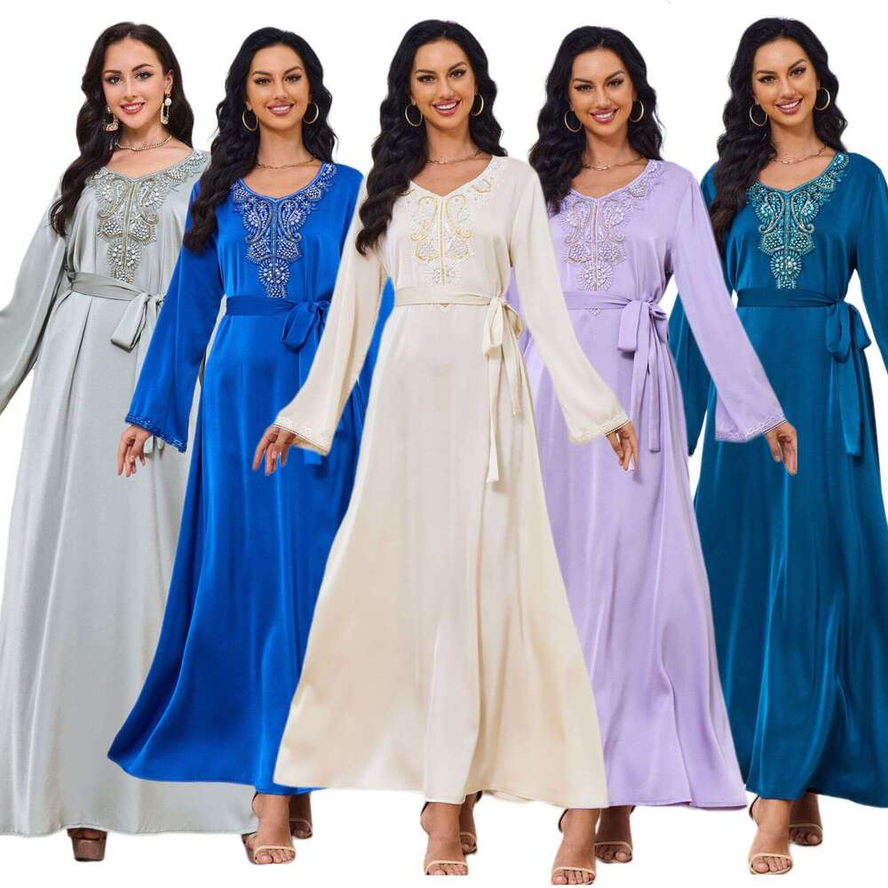 Ethnic Clothing MT033 Dubai Womens Muslim Robe New Nail Bead Temperament Slim Fit Dress Self-cultivation Bifurcated High Waist Dress Lace Dress