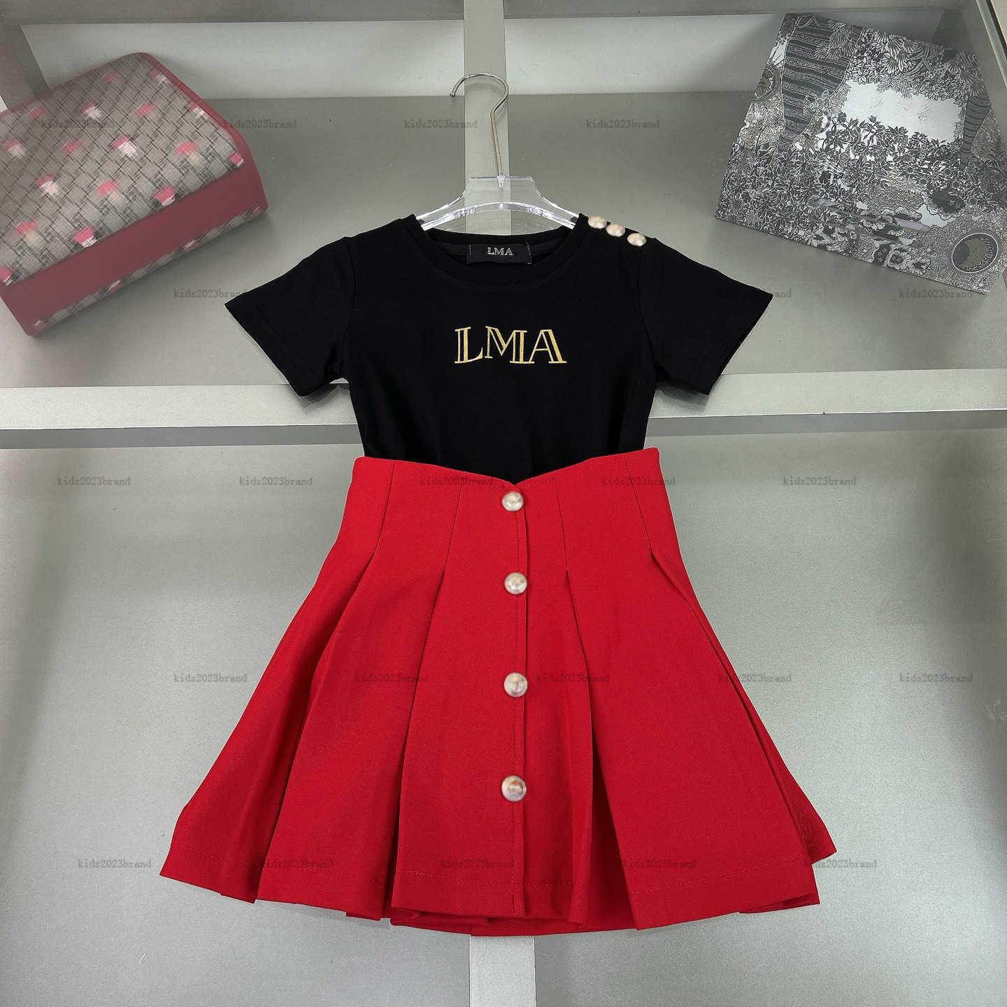 girls dress suit Gold button trim baby two-piece Summer kids designer clothes Crew neck T-shirt and Pleated skirt A09X02N000-image-921126467