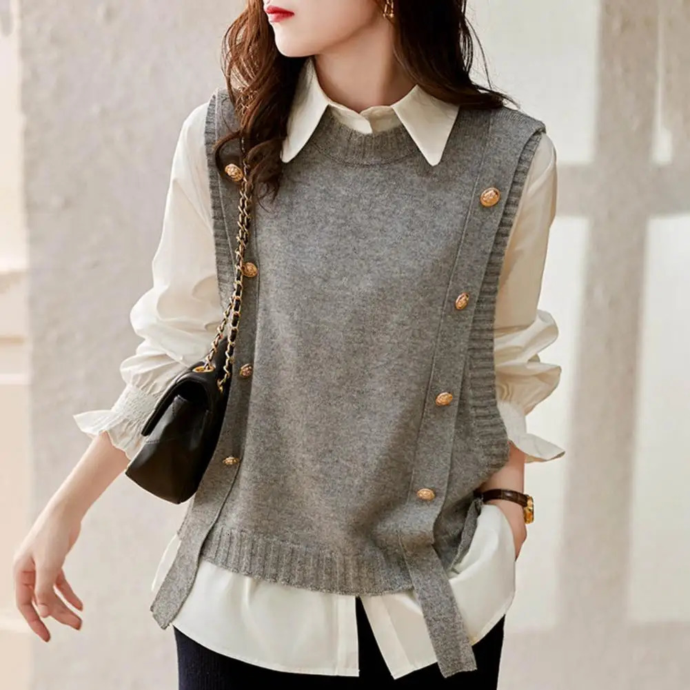 Women Sweater Vest Solid Color Round Neck Knitted Soft Sleeveless Lady Knit Tank Top Womens Clothing For Autumn Winter 250305
