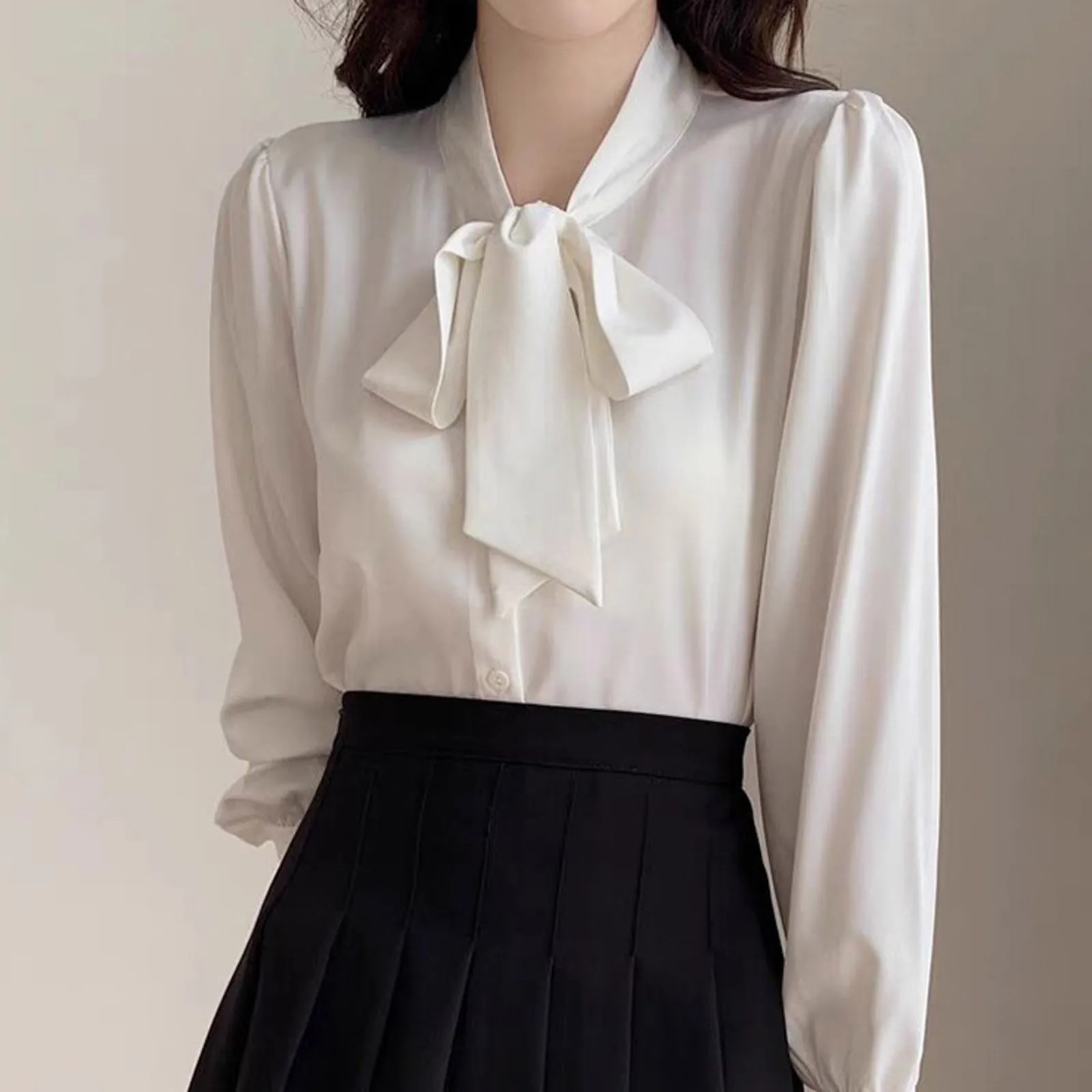 Business Shirts for Women Long Sleeve Slimming Satin Silk Blouse With Bow Tie Female Elegant High End Solid Color Blouse 250306