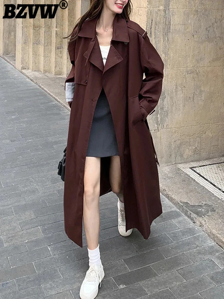 BZVW Wine Red French Style Trench Womens Autumn Collection Collar Solid Color Belt Gathering Waist Long Casual Coat 25A9268 250306