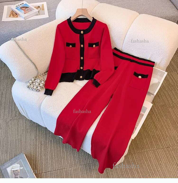 Womens Two Piece Pants New Autumn Winter Sweater Trousers Suit Women O Neck Single Breasted Knitted Loose Cardigan Wide-Leg Pants Two Piece