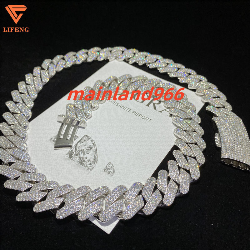 Full Iced Out D Color VVS Moissanite Cuban Necklace Bling Round Diamond 925 Silver Hip Hop Chain With Gold Plating