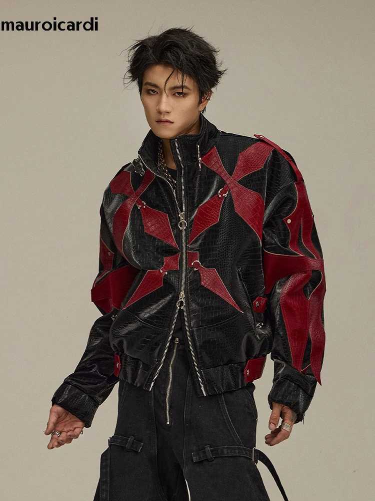 Men's Jackets Mauroicardi Spring Autumn Cool Crocodile Print Patch Work Pu Leather Jacket Mens Colorful Block Designer Clothing 2024 z250308